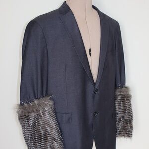 Stylish Upcycled Giorgio Fiorelli Grey Blazer with Faux Fur Cuffs